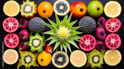 Arrangement colorful exotic fruit symmetrical