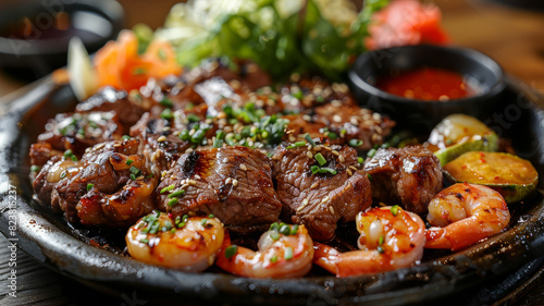Grilled steak and shrimp on a plate with vegetables and sauce.