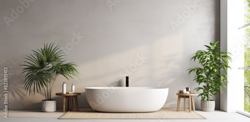 An eco-friendly minimalist bathroom features a sleek sink  pristine white bathtub  and a window offering ample natural light  creating a serene and inviting space.