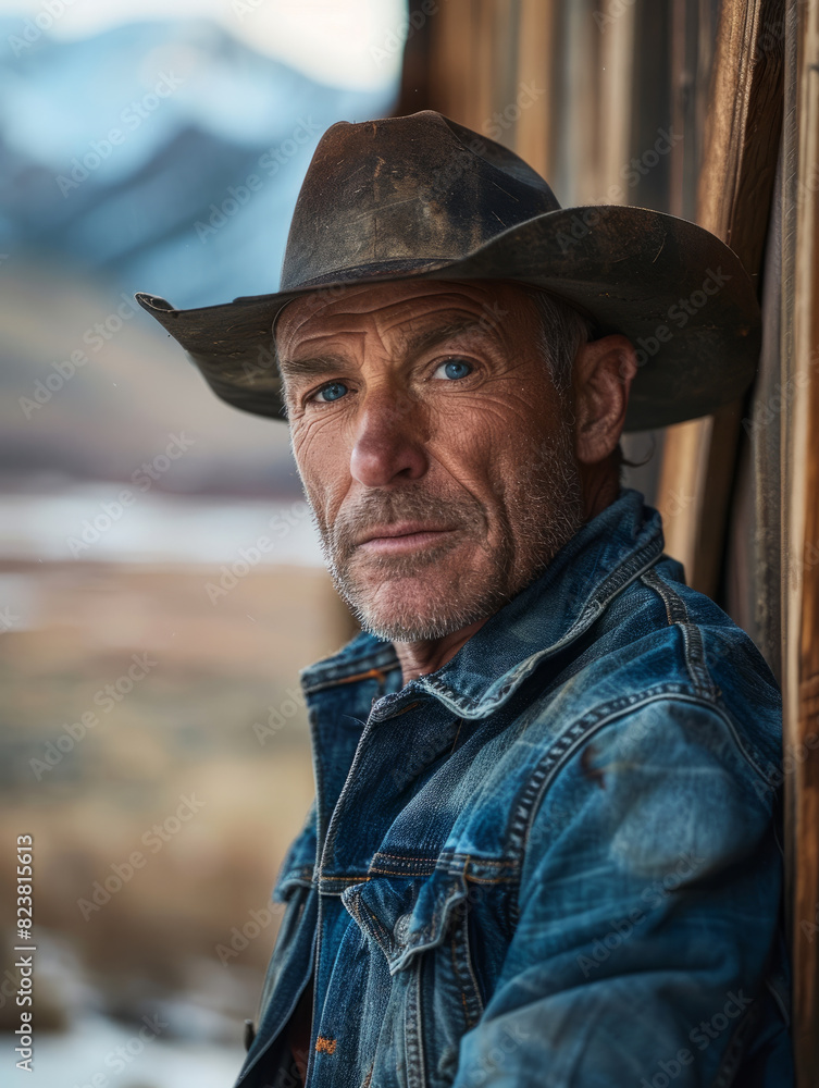 Middle-aged man in denim jacket and hat standing outdoors by mountains. Middle-aged man in denim jacket and hat standing outdoors by mountains.