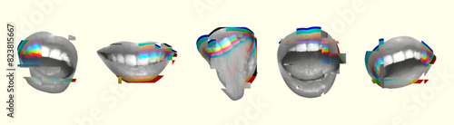 Women half-tone lips with the effect of interference and artifacts. Set of cut out vector elements in vintage style for creating retro collages.