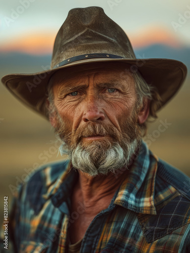 Elderly man with a beard and cowboy hat in the countryside.