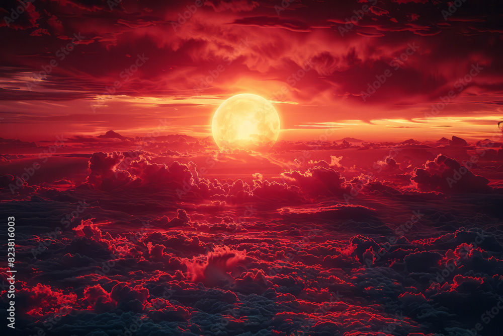 Abstract image of a sun setting in a sky of blood-red clouds, with dawn breaking into a sky of milky-white light,