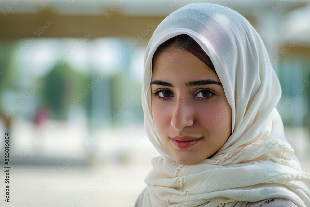 Portrait of a serene young woman wearing a white hijab with a subtle smile Portrait of a serene young woman wearing a white hijab with a subtle smile