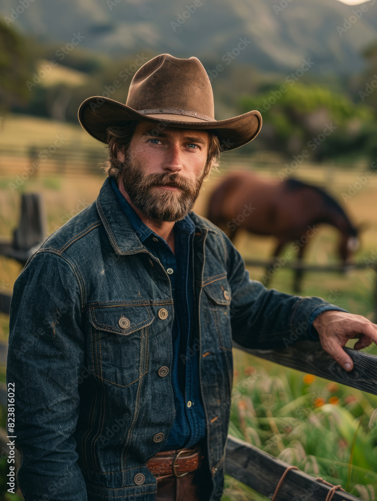 Bearded cowboy in denim jacket with a horse in the background.
