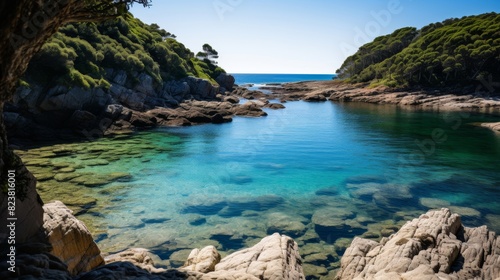 Coastal inlet features pristine, transparent waters.