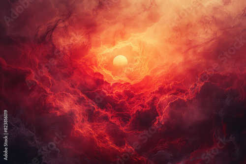 Abstract image of a sun setting in a sky of blood-red clouds, with dawn breaking into a sky of milky-white light, photo