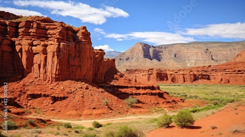 Impressive red cliffs rise in desert canyon.