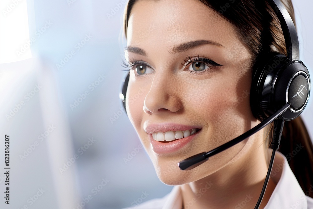 A customer service professional, a woman of striking beauty, exudes confidence and warmth while talking on a headset. Her smile is genuine, and her eyes look towards her right side in a professional s A customer service professional, a woman of striking beauty, exudes confidence and warmth while talking on a headset. Her smile is genuine, and her eyes look towards her right side in a professional s