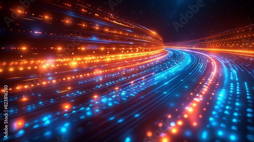 Vibrant light trails create a dynamic sense of speed and motion on a futuristic digital pathway against a starry background