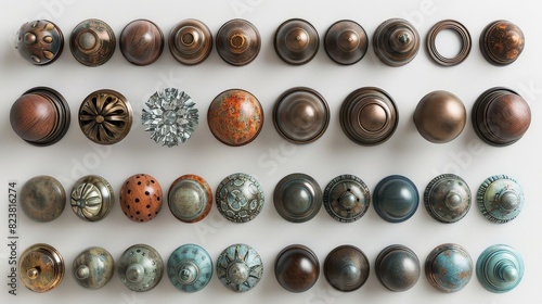 A collection of antique brass knobs and handles