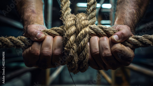 Close-up of male hands gripping a rope knot, symbolizing strength.