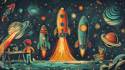 Retro cartoon space rockets. Rocketship. Retro futurism. Space exploration. Vintage science fiction.