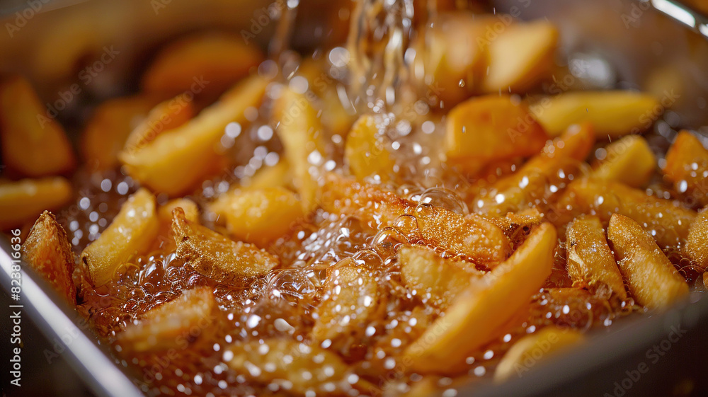 Crispy fries being made in a metallic deep fryer full of hot oil Crispy fries being made in a metallic deep fryer full of hot oil