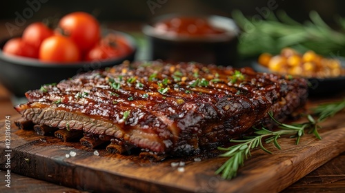 Glazed BBQ ribs presented with a fresh herb garnish and vibrant background, ideal for menus