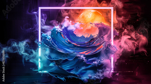 Vibrant Wave and Sun with Neon Frame on Dark Background     Ideal for Modern Art  Creative Projects  and Futuristic Visuals