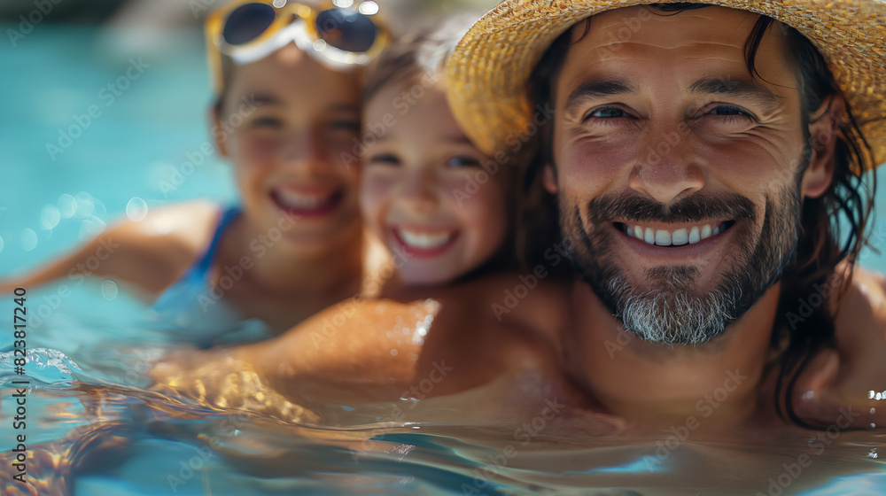 Happy man with beard and straw hat with his two daughters in sea. Summer time. Selective focus. Summer vacation concept. 