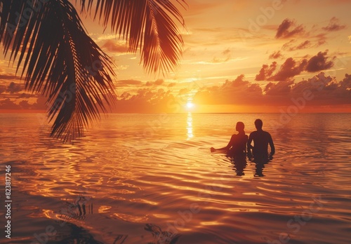A couple unwinds at a beachfront hotel  enjoying a sunset on a tropical beach during their vacation.