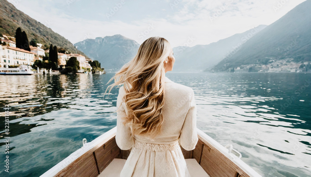 Woman tourist travels by boat on the lake.
Woman tourist travels by boat on the lake.