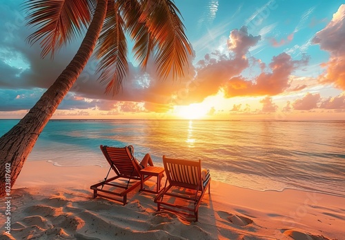 A couple unwinds at a beachfront hotel  enjoying a sunset on a tropical beach during their vacation.