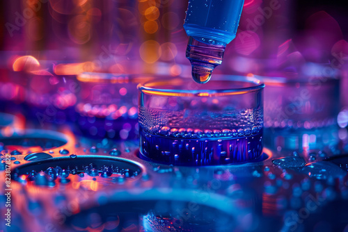 Artistic rendering of a blood sample and a milk sample being stained for microscopic examination, with vibrant colors highlighting their structures, photo