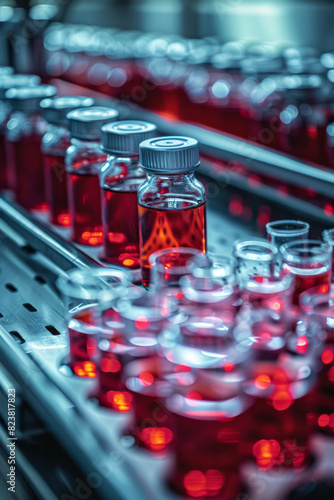 Abstract image of a lab environment with blood and milk samples being analyzed by various scientific instruments,
