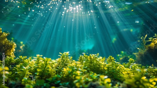 Light beams radiate through water onto a bed of lush, green water plants in this underwater haven photo