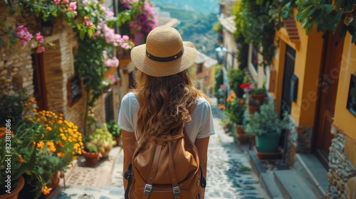 The back view of a young woman with a straw hat exploring a picturesque European alley with vibrant flowers photo