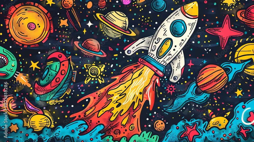 Obraz premium The image shows a rocket ship blasting off into space. The rocket is surrounded by planets, stars, and other celestial bodies. The image is very colorful and has a lot of detail.