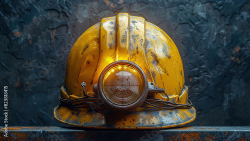 Bright yellow miner's helmet with lamp glowing in soft light