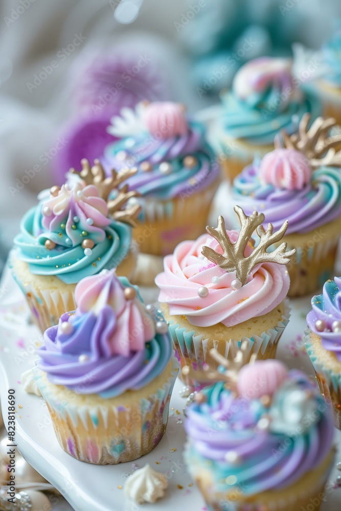mermaid color cupcakes with frosting in shape of corals, pastel colors mermaid color cupcakes with frosting in shape of corals, pastel colors