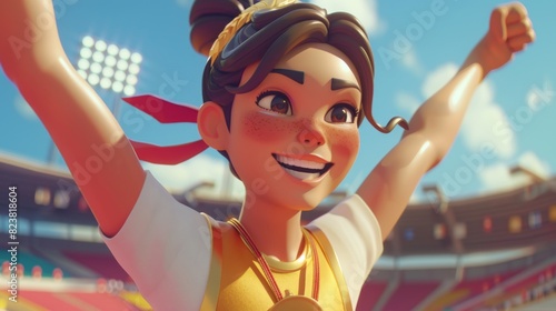 Animated girl celebrating victory at sports event with confetti in a stadium.