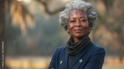 An elegant senior woman posing outdoors with a gentle smile, showing confidence and serenity photo