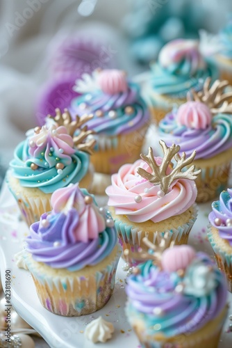 mermaid color cupcakes with frosting in shape of corals, pastel colors