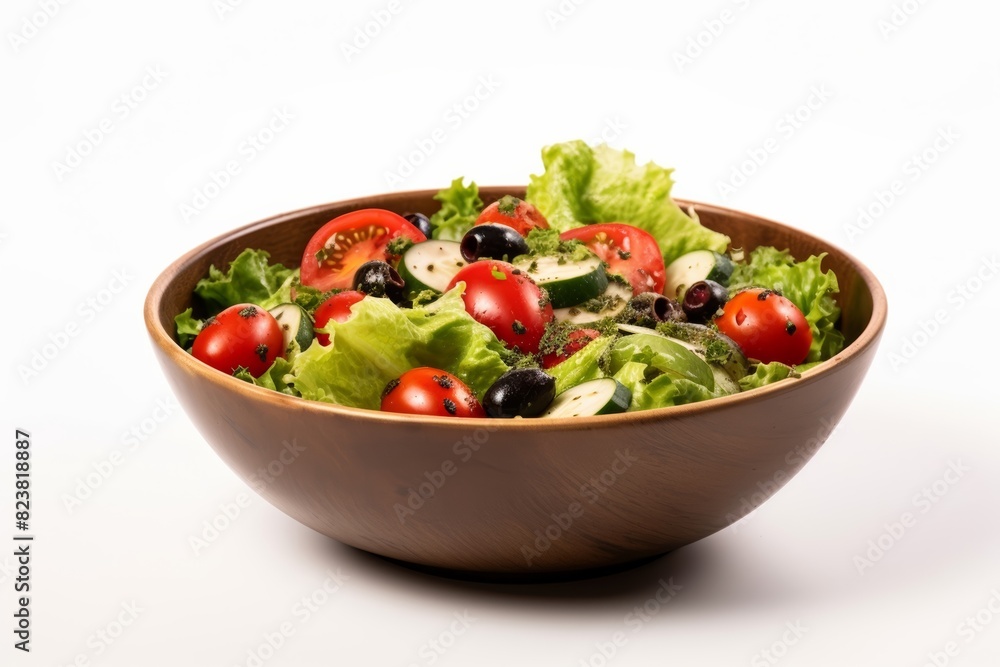 In a studio with a crisp white backdrop, a wooden bowl displays a lively assortment of vegetables, featuring tomatoes, cucumbers, lettuce, onions, olives, and bell peppers, in a fresh salad.