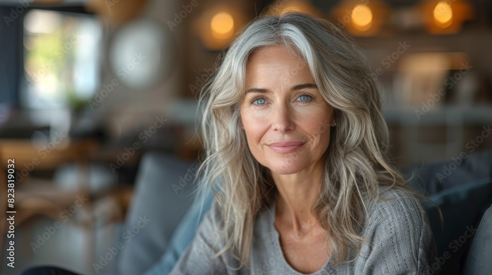 A graceful woman with long grey hair and a soft smile in a contemporary living space with warm lighting