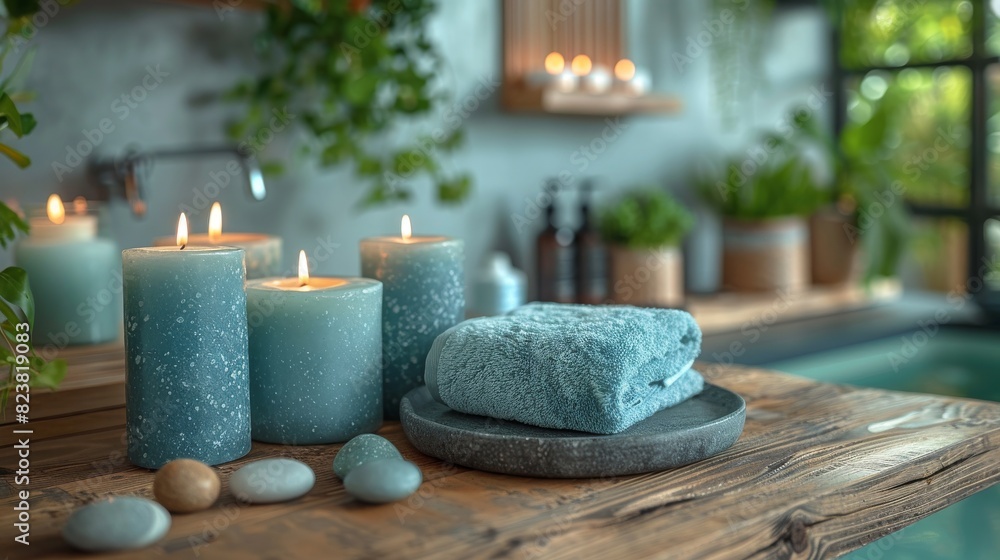 Relaxing spa mood set with lighted candles, towels, and stones, wellness theme