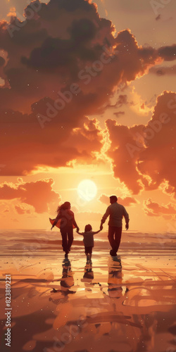 A child and his parents. The parents are walking in front. The father stretches out his right hand on the left  and the mother stretches out her left hand on the right. 