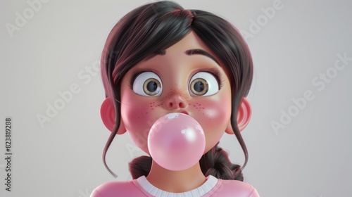 Whimsical girl blowing bubble gum, capturing childhood joy and playful innocence photo