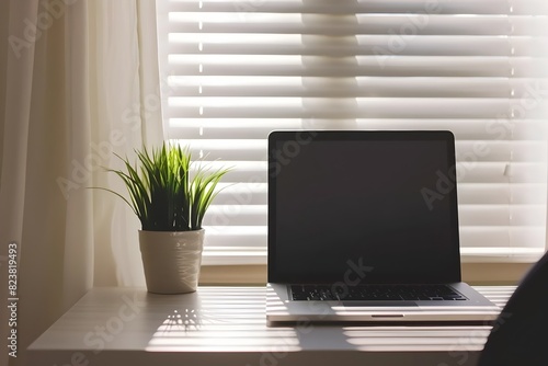 Wallpaper Mural Minimalist Desk Setup with Laptop and Potted Plant in Soft Natural Light Torontodigital.ca
