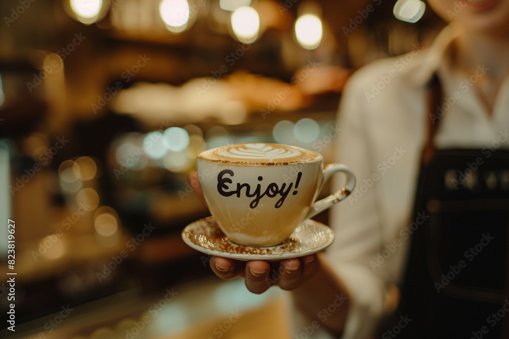 A woman is holding a coffee cup with the word A woman is holding a coffee cup with the word