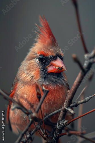 Illustration of a cardinal using a miniature saw to cut twigs to the perfect size for nest building, photo