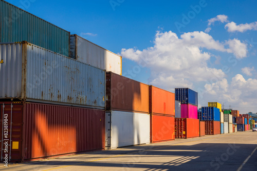 Containers stacked  - Shipping containers being unloaded at port facilities in Ashdod, Israel