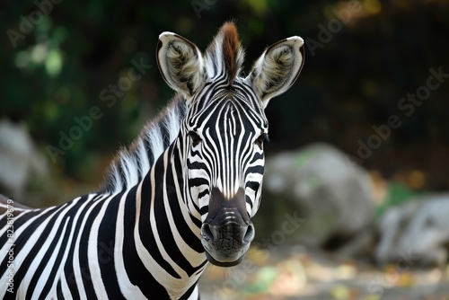 Close-up shot capturing the intricate stripes and calm gaze of a zebra with a soft-focus background