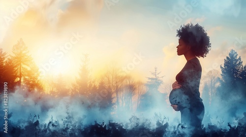 Pregnant woman in profile against foggy morning forest background