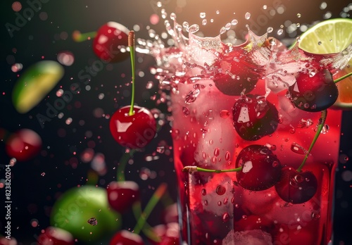 Realistic 3D render of a chilled cherry limeade splash in 4K, isolated from any background.