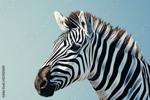 Close-up of a zebra s head and mane with a clear blue sky background