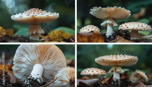 Four photos of a white spotted mushroom.