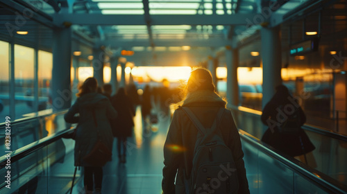 Airport Boarding Bridge, people around, cinematic shot