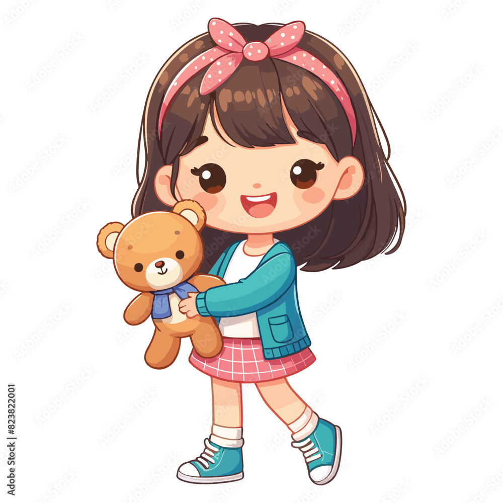 A Happy cartoon girl holding a teddy bear vector A Happy cartoon girl holding a teddy bear vector